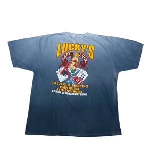 “lucky’s lady luck” tattoo shop graphic casino theme t shirt